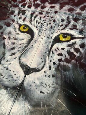 Vintage Black Leather Jacket – Hand-Painted Leopard Art – Unisex Statement Piece